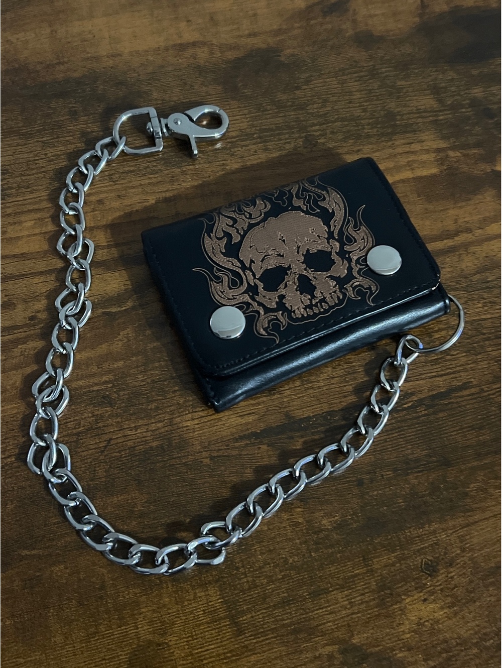 Black Skull Print Chain Wallet Snap Closure Goth grunge Rock